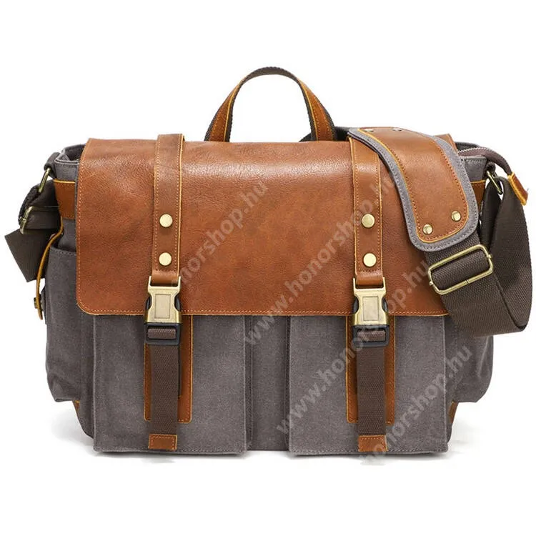 HUAWEI Honor Note 10 Férfi válltáska, Cipzár, Állítható pánt, Hordozófül, Több rekesz, Csat, Cseppálló poliészter szövet, PU bőr, 370 x 320 x 120mm, Szürke