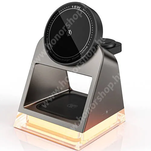 HUAWEI Honor Note 10 Univerzális 3 az 1-ben Apple Watch, Airpods és iPhone asztali tartó Qi Wireless asztali töltő funkcióval, 15W, MagSafe támogatás, Gyorstöltés támogatás, Type-C port, Meleg vagy hidegfehér éjszaki fény, Fekete