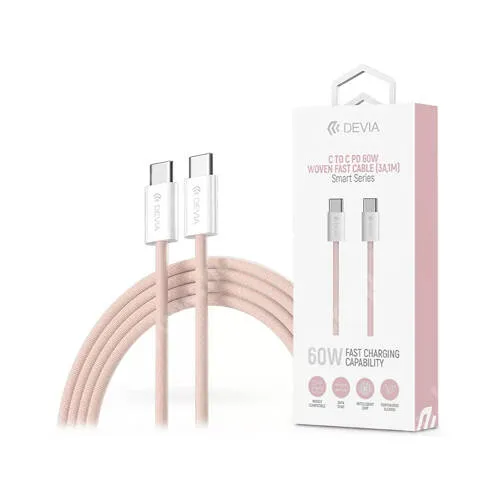 HUAWEI Honor 8 Premium Devia Smart Woven adatátvitel és töltőkábel, Type-C / Type-C csatlakozók, 20V/3A, 60W, 1m hosszú, Szövettel bevont, PD gyorstöltés támogatás, Rózsaszín