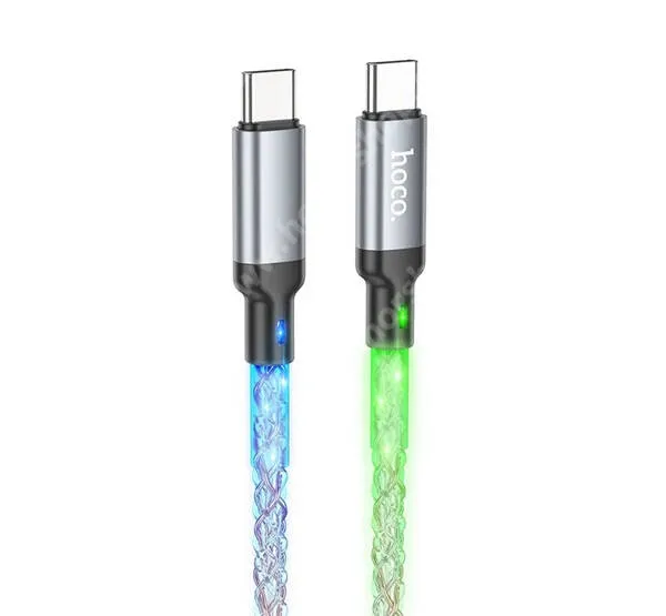 Vivo Y31s 5G Hoco adat és gyorstöltő kábel, USB-C / USB-C, 60W, PD, Gyorstöltés, 1m hosszú, LED fény, U112, Fekete