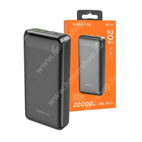 Vivo Y31s 5G Hoco Borofone power bank, Vésztöltő, 1 x USB-A, 1 x microUSB, 1 x USB-C aljzat, 20000mAh, 20W, PD 3.0, QC 3.0 gyorstöltő, LED kijelző, BJ19A, Fekete