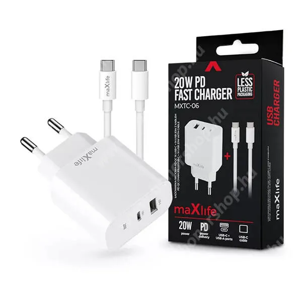 HUAWEI Honor X5b Plus MAXLIFE hálózati töltő, 2x USB-C és 1x USB-A aljzat, 20W, PD, QC3.0 gyorstöltés támogatás, 1m USB-C / USB-C kábel, Fehér