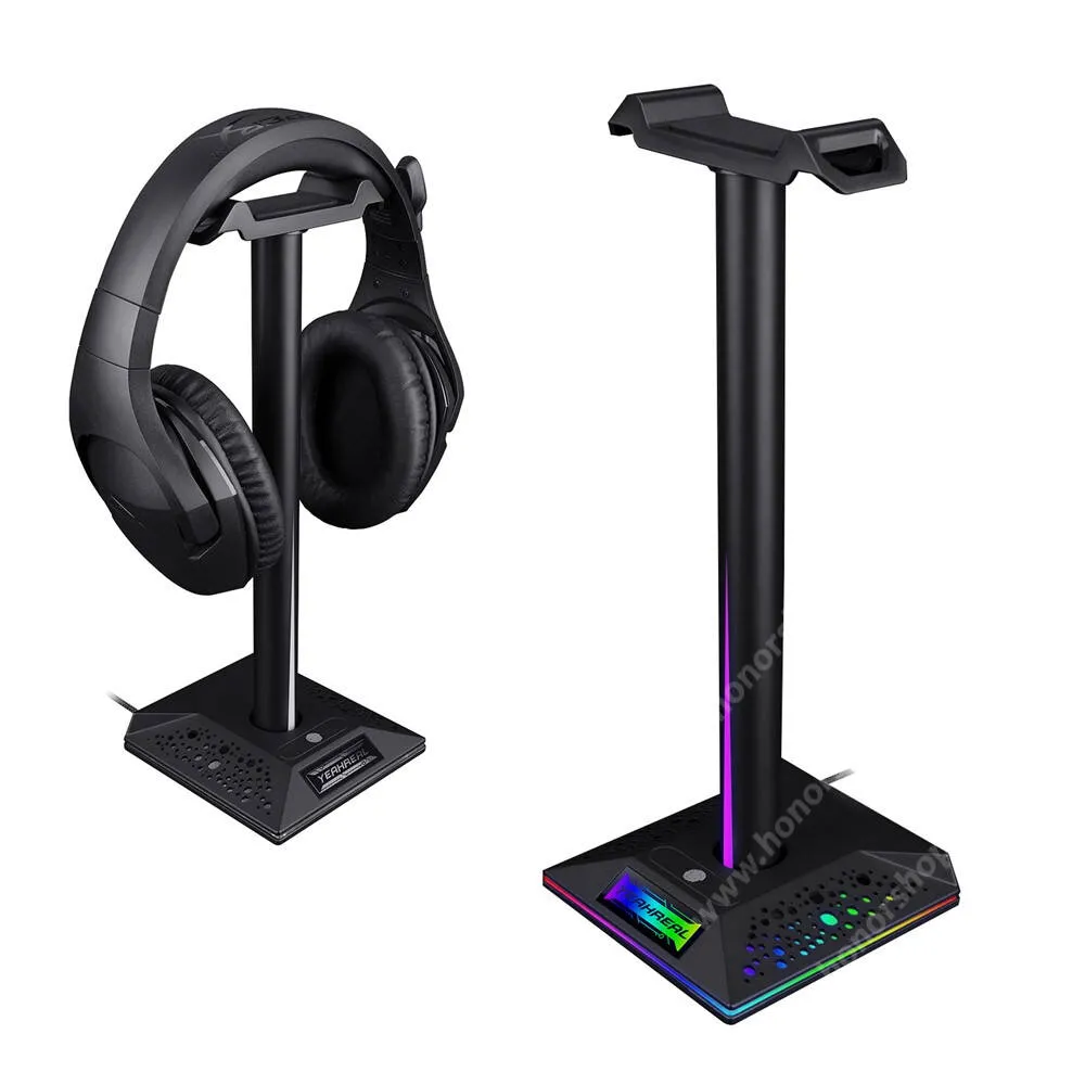 Vivo Y31s 5G RGB Gamer fejhallgató állvány USB Hubbal, 3,5 mm AUX, Csúszásgátló, 281 x 110mm, Fekete