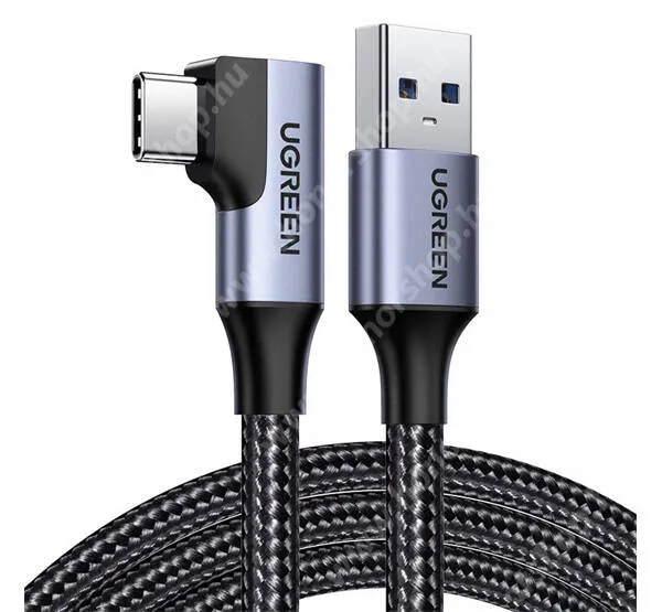 Vivo Y31s 5G UGREEN adat és gyorstöltő kábel, USB-C / USB-A, Derékszögű, 3A, 15W, Gyorstöltés, 1m hosszú, Szövettel bevont, US385, Fekete