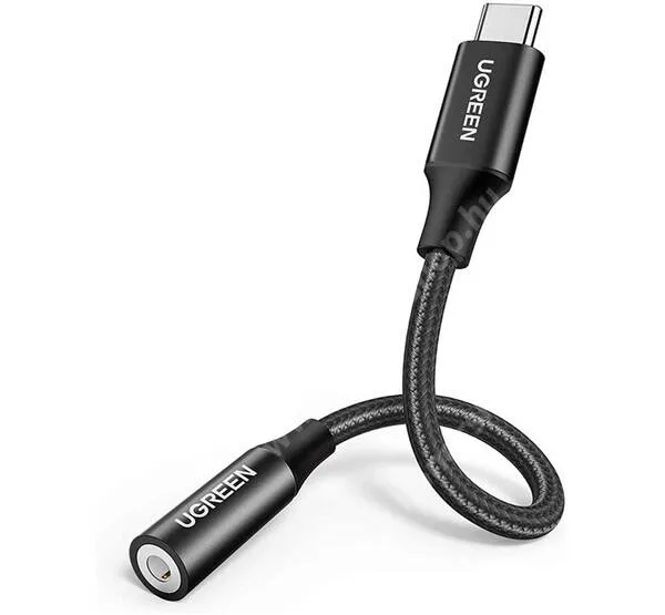 HUAWEI Honor Note 10 UGREEN audio adapter, USB-C / 3,5mm Jack aljzat, Analóg, 10cm hosszú szövettel bevont törésgátlós kábel, AV142, Fekete