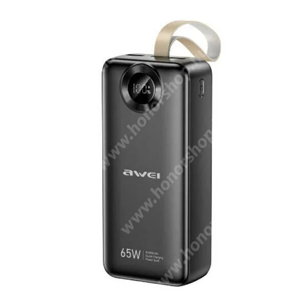 Vivo Y31s 5G Awei power bank, Vésztöltő, 1 x USB-A, 2 x USB-C aljzat, 30000mAh, 65W, Gyorstöltő, LED kijelző, PA-34, Fekete