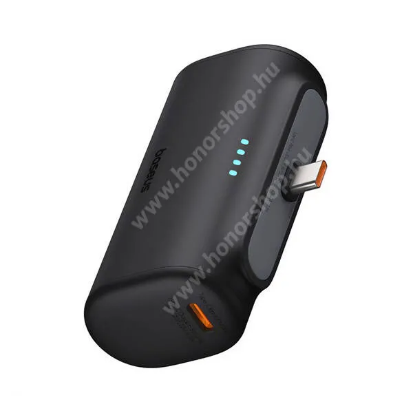 HUAWEI Honor Magic4 Lite Baseus Compact power bank, Vésztöltő, 1 x USB-C aljzat, 5000mAh, 20W, PD3.0, QC3.0 gyorstöltő, LED jelző, Type-C csatlakozó + kábel, Fekete
