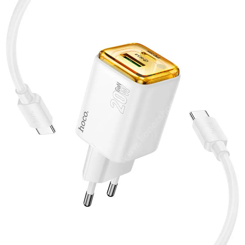 HUAWEI Honor Pad X8a Hoco Monsoon hálózati gyorstöltő, 1 x USB-A, 1 x USB-C aljzat, 20W, GaN, PD 3.0, QC3.0 gyorstöltés, Type-C kábel, N52, Fehér