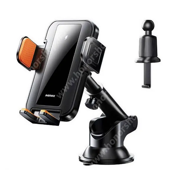 HUAWEI Honor X5b Plus Remax autós telefontartó, Tapadókorongos, Szélvédőre vagy szellőzőrácsra rögzíthető, 15W Qi vezeték nélküli töltés, 360°-ban forgatható, Gravitációs bölcső, 4-6,9" méretű készülékekhez,  RM-C04, Fekete