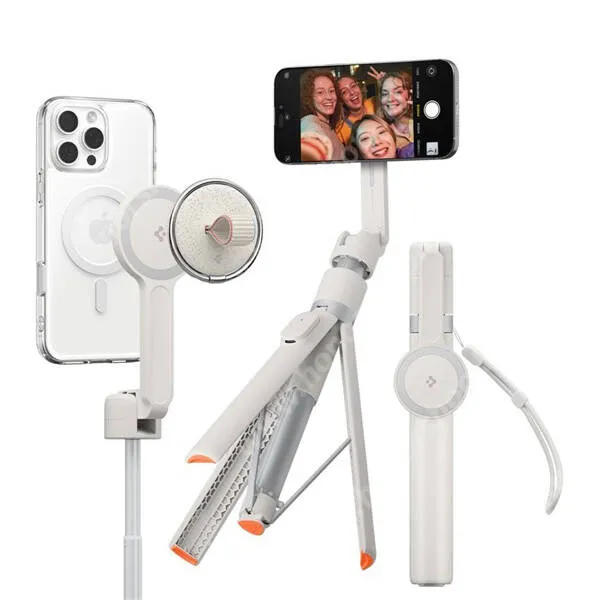 Vivo Y31s 5G Spigen teleszkópos Magsafe mágneses selfie bot és tripod állvány, 27,8-168,5cm-ig állítható, Bluetooth kioldó, AMP09535, Bézs