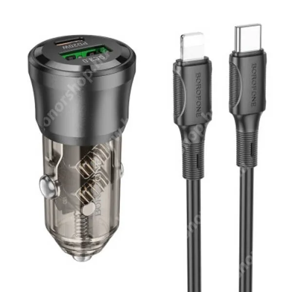 HUAWEI Honor X5b Plus Hoco Borofne autós, szivargyújtós telefontöltő, 1 x USB-A, 1 x USB-C aljzat, 38W, PD 3.0, QC 3.0 gyorstöltés, Type-C / Lightning kábel, BZ25, Fekete