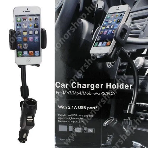 HUAWEI Honor Magic V2 RSR Porsche Design (VER-AN10) UNIVERZÁLIS gépkocsi / autós tartó - szivargyújtó töltő adapterbe helyezhető + szivargyújtó és 2db USB aljzattal (5V / 2100mAh), 10W, 35-80 mm-ig állítható bölcsővel, flexibilis kar