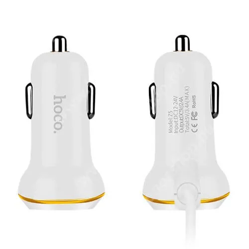 HUAWEI Honor 9i (2018) HOCO Z5 szivargyújtós / autós töltő - microUSB / Type-C / Lightning csatlakozós töltő kábel, 1,2m, 1 x EXTRA USB aljzat, 5V / 3.4A (max) - FEHÉR